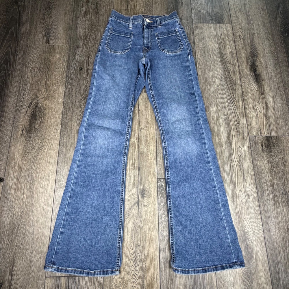 Aeropostale High Rise Flare Jeans Blue 00 REG Patch Pocket Retro Boho Slim Denim